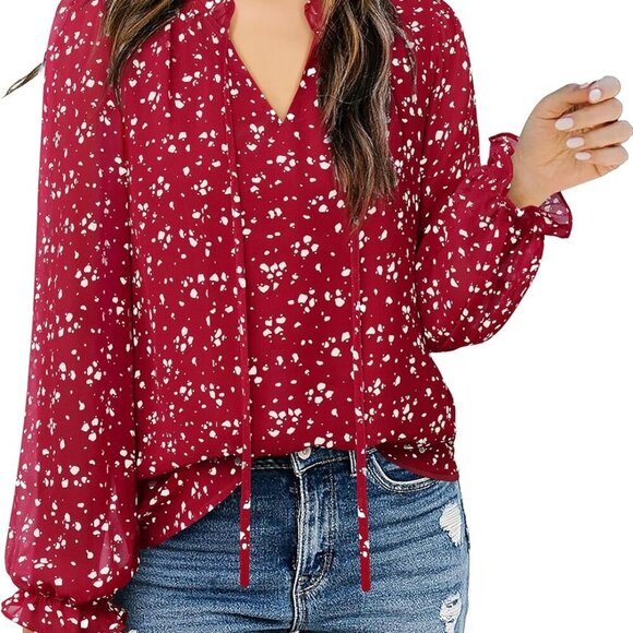 Womens Business Casual Blouses Ruffle V Neck Work Dressy Shirts Long Sleeve Chif - Picture 1 of 5